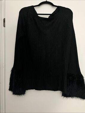Worthington Black Ribbed Crewneck Sweater with Faux Fur Cuffs